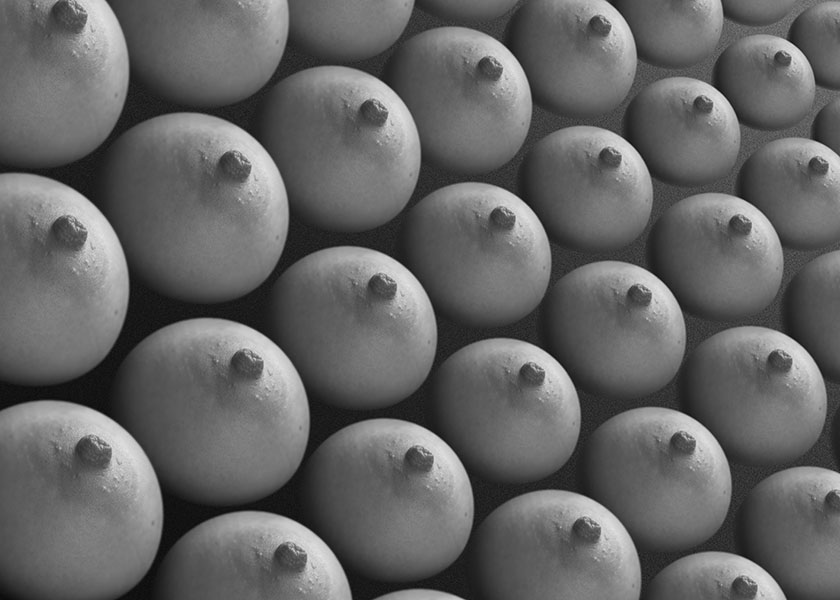 Nybakade Frallor - Poster - Abstrakt konst. Ett bildmontage i svartvitt med en mängd kvinnobröst som ser ut som nybakade frallor på en bakplåt