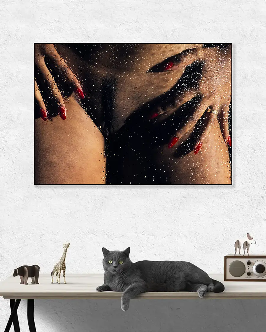Wet Pussy - Poster. Ett stilrent fine art-fotografi där motivet skildras genom en glasruta täckt av vattendroppar - Ramexempel
